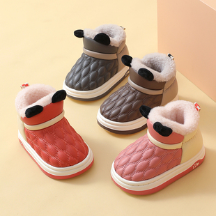 儿童棉拖鞋冬季男宝宝室内PU皮面防水家居鞋女小大童高帮保暖棉鞋