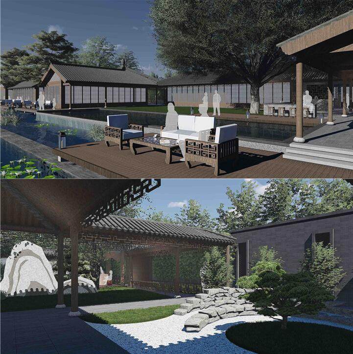禅意新中式日式合院温泉度假村会所茶室建筑景观草图大师su模型