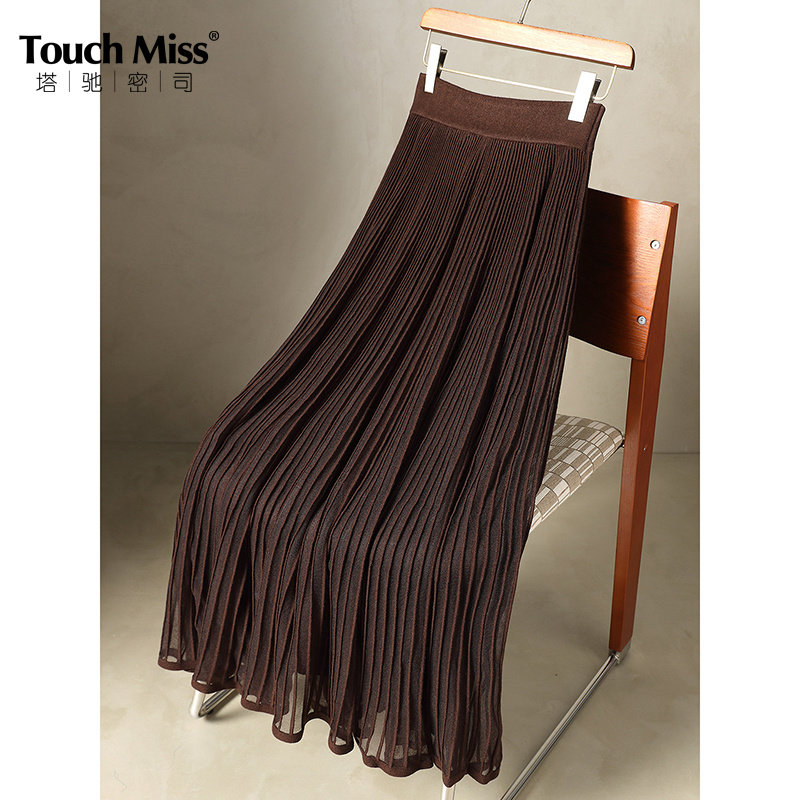 Touch Miss针织拼接欧根纱半身裙女冬季a字大摆遮胯显瘦百褶裙女