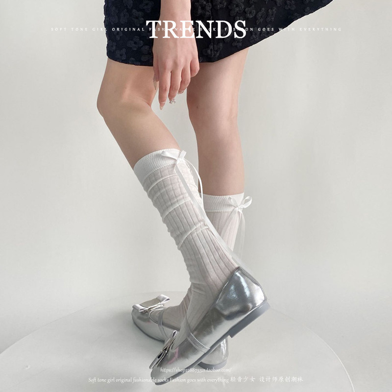 后跟飘带蝴蝶结~氛围感拉满！芭蕾miu风堆堆小腿袜春夏百搭中筒袜