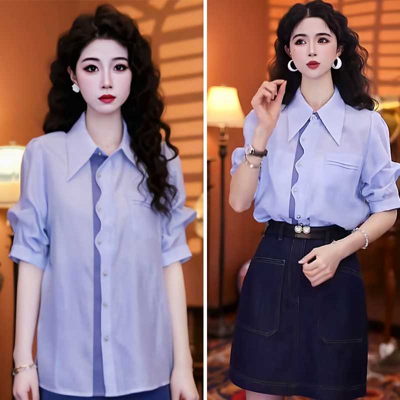 短袖襯衫夏女2025潮復(fù)古港風(fēng)氣質(zhì)polo領(lǐng)寬松上衣拼色法式別致襯衣