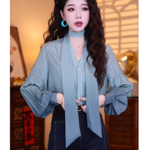 打底穿搭独特漂亮小衫 长袖 别致衬衫 复古港风高级感上衣秋chic法式