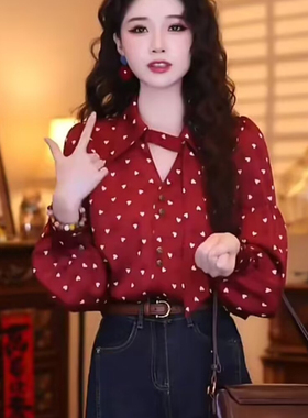 怀旧复古港风chic别致上衣春秋法式红色衬衫女长袖打底潮时髦小衫