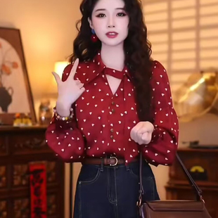 打底潮时髦小衫 女长袖 红色衬衫 怀旧复古港风chic别致上衣春秋法式