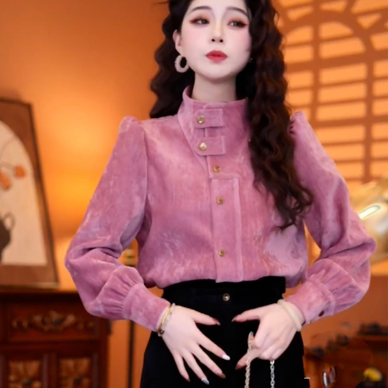 复古chic别致上衣立领宽松衬衫女