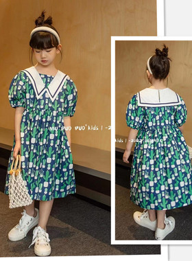 牛哆哆童装夏新款女童大翻领印花儿童连衣裙中大童裙子67609