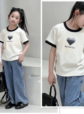 布芮欧女儿童装2024夏新款时尚爱心短袖T恤中大童短款打底衫36025