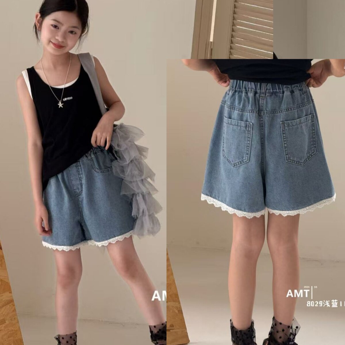 爱木橦女童夏季百搭蕾丝牛仔短裤图片