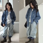 男女童长袖 嗨大E小E韩版 T恤2026春款 短袖 上衣外套3790 格子衬衫