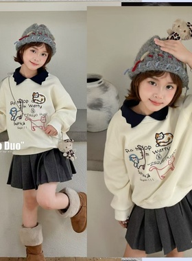 牛哆哆童装2025冬款女童卡通绣花加绒翻领卫衣中大童套头衫76306