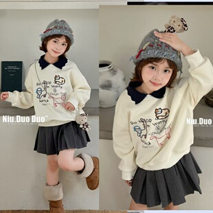 牛哆哆童装2025冬款女童卡通绣花加绒翻领卫衣中大童套头衫76306