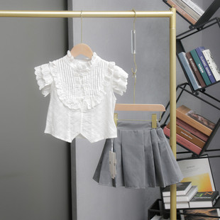 叫我格格童装2024夏季新款韩版女童花边短袖+百褶短裙两件套10326