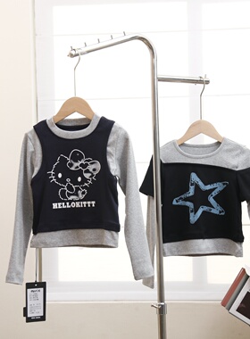 木莎童装2025秋新款女童洋气百搭韩版拼色假两件短款长袖T恤91621