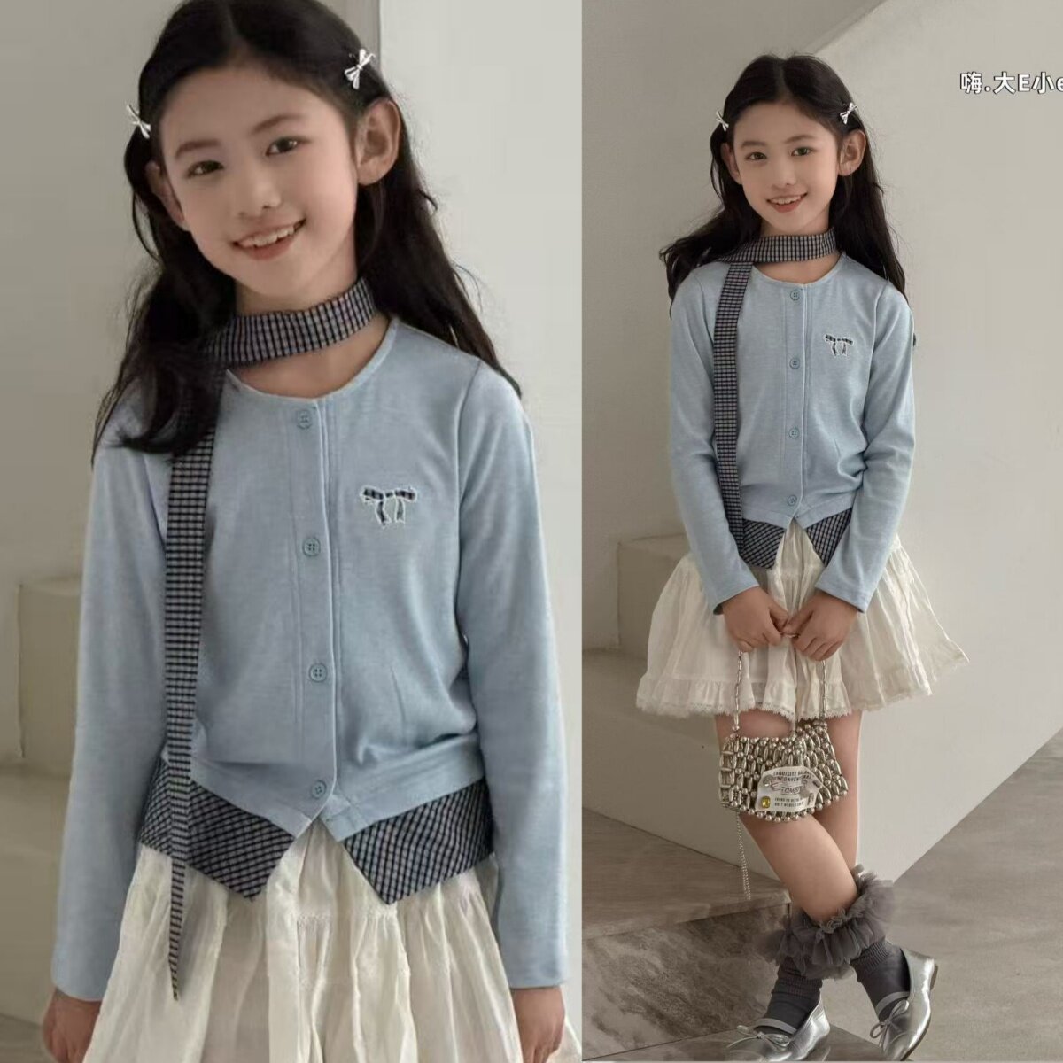 女童春款miu系领带格子假两件图片