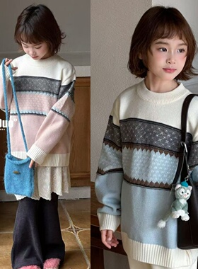 牛哆哆童装2025冬新款女童韩版提花针织纱儿童拼色圆领毛衣15353