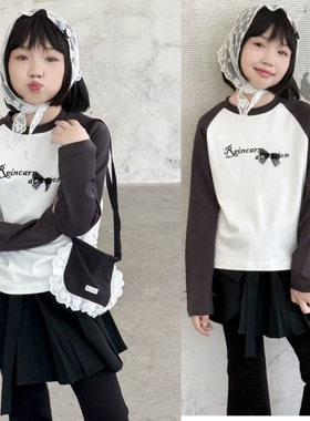 牛哆哆童装2025秋新款蝴蝶结字母插肩袖拼色休闲短款长袖T恤55321