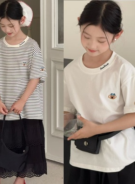 童乐鱼童装2025夏季新款男女童韩版可爱小熊刺绣条纹短袖T恤99271