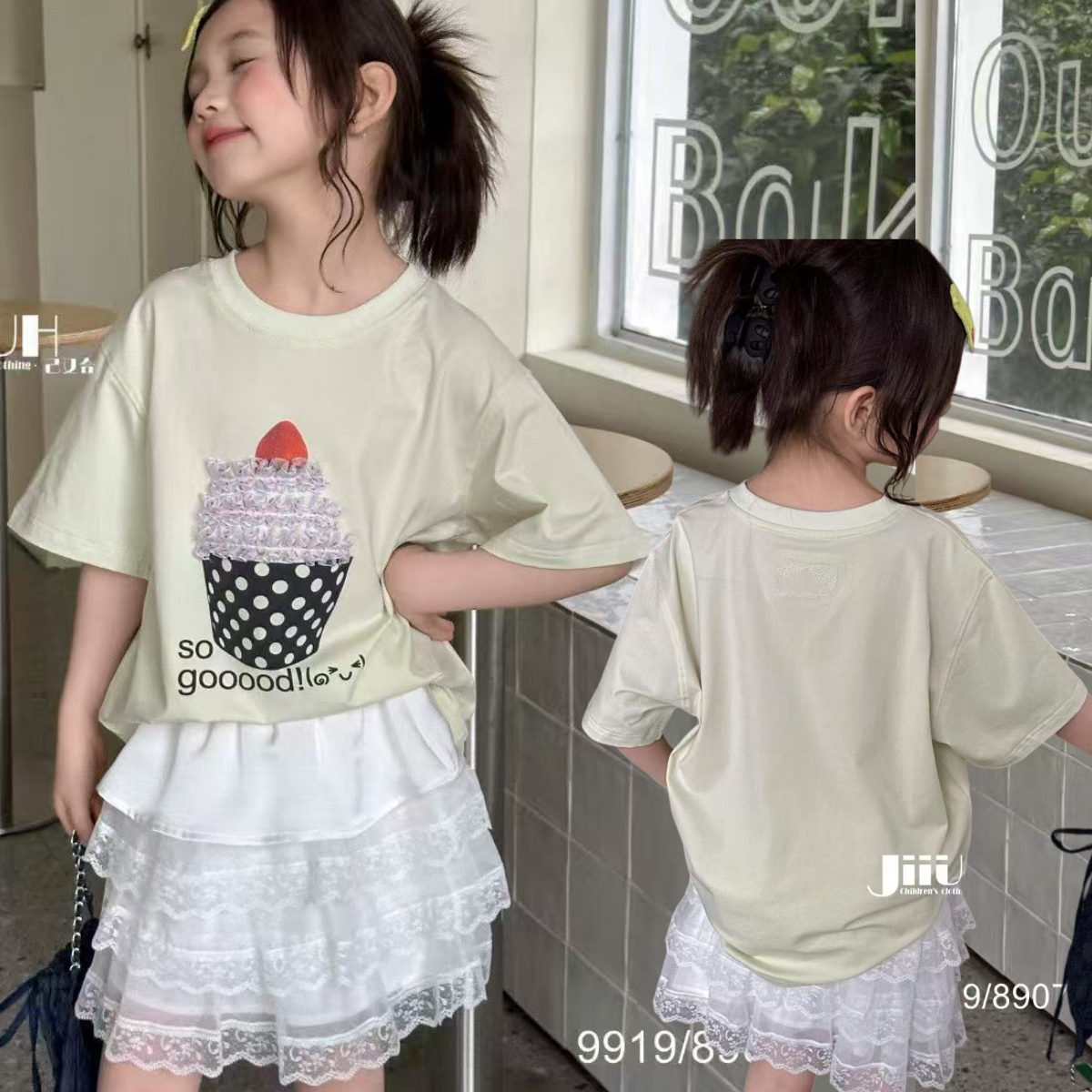 己又合童装2026夏季女中大童韩系立体蛋糕印花圆领短袖T恤9919