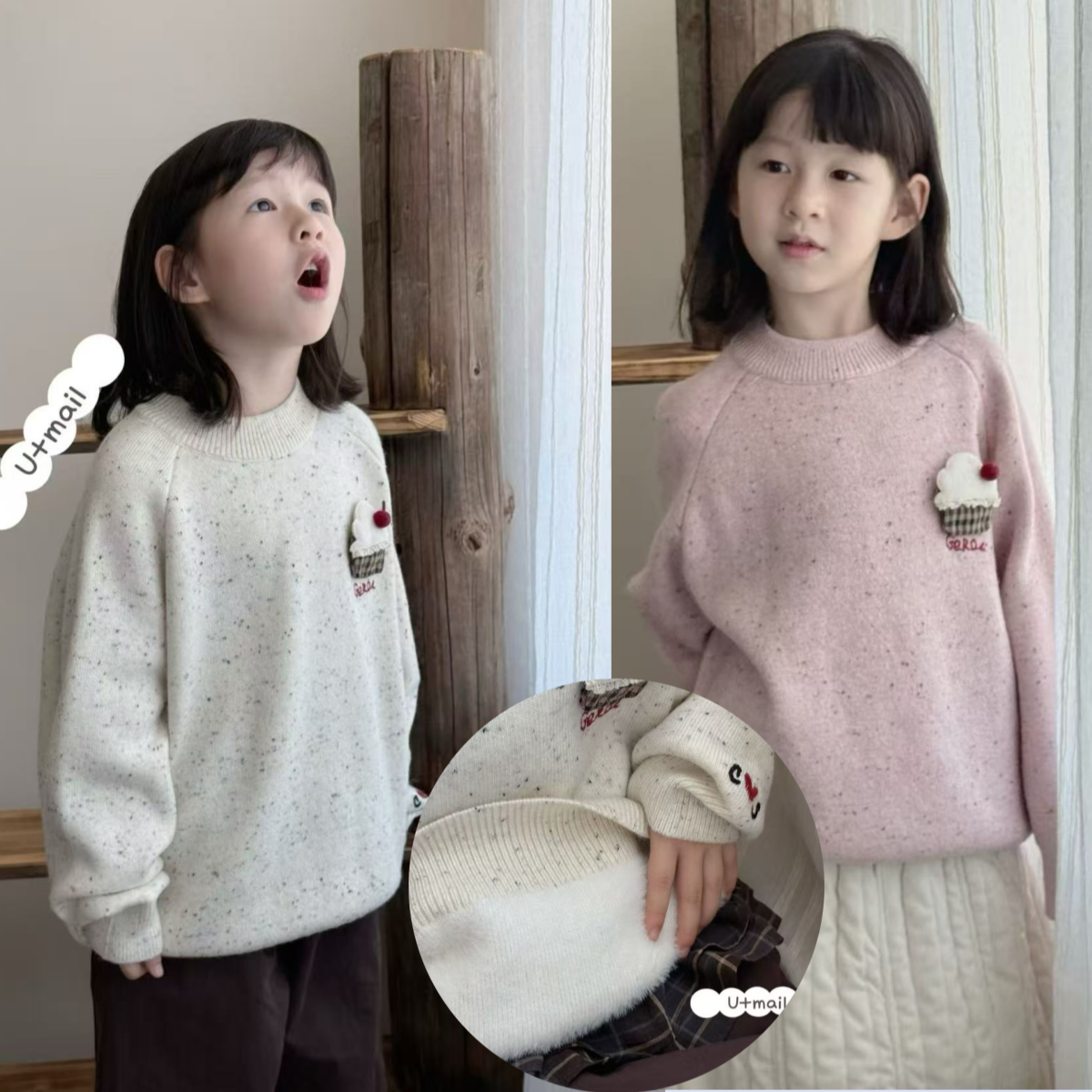 品牌女童装一体绒圆领针织衫毛衣