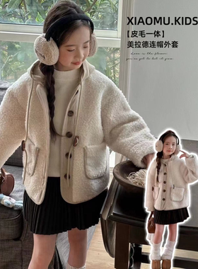 wooso女童外套2024冬款中大童羊羔绒保暖外套秋冬款儿童棉服66518