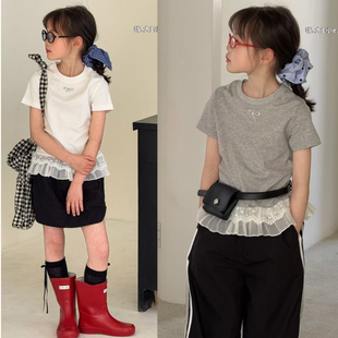 T恤3917 女儿童芭蕾风闪闪蝴蝶结花边短袖 嗨大E小e童装 2025夏新款