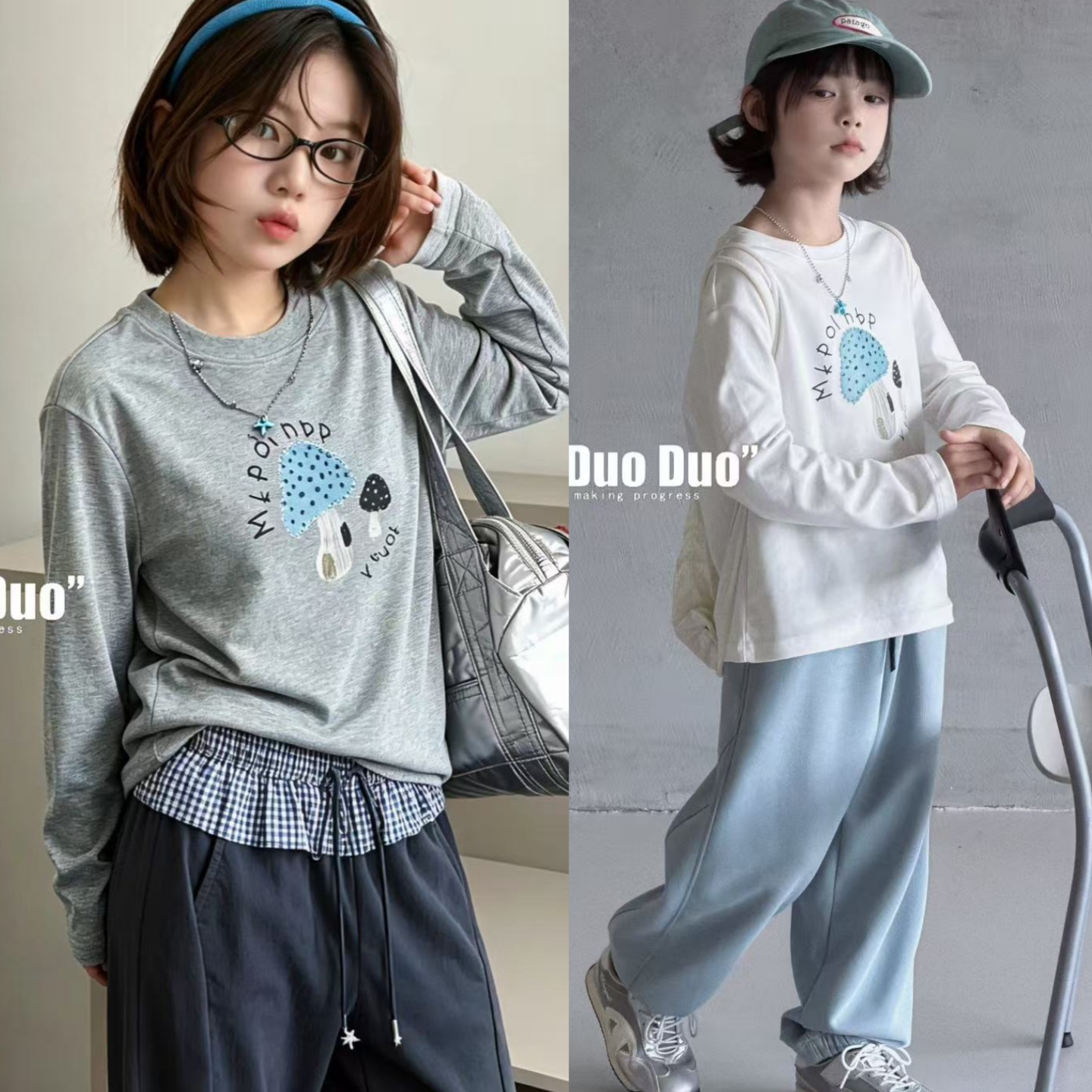 牛哆哆童装2026秋季女童时尚韩系蘑菇印花休闲圆领长袖T恤65300
