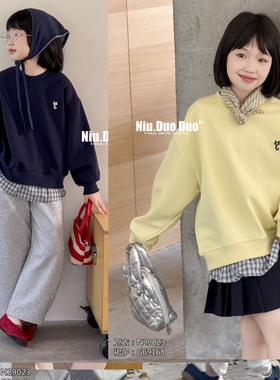 牛哆哆童装2025秋款格子拼接刺绣小猫圆领卫衣中大童套头衫29023