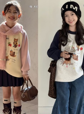 嗨大E小E童装2025冬款儿童加厚一体绒串珠小熊印花插肩袖卫衣5578