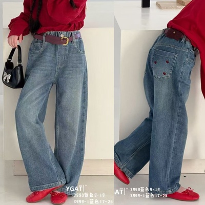 阳光爱橦女童樱桃刺绣牛仔裤秋款