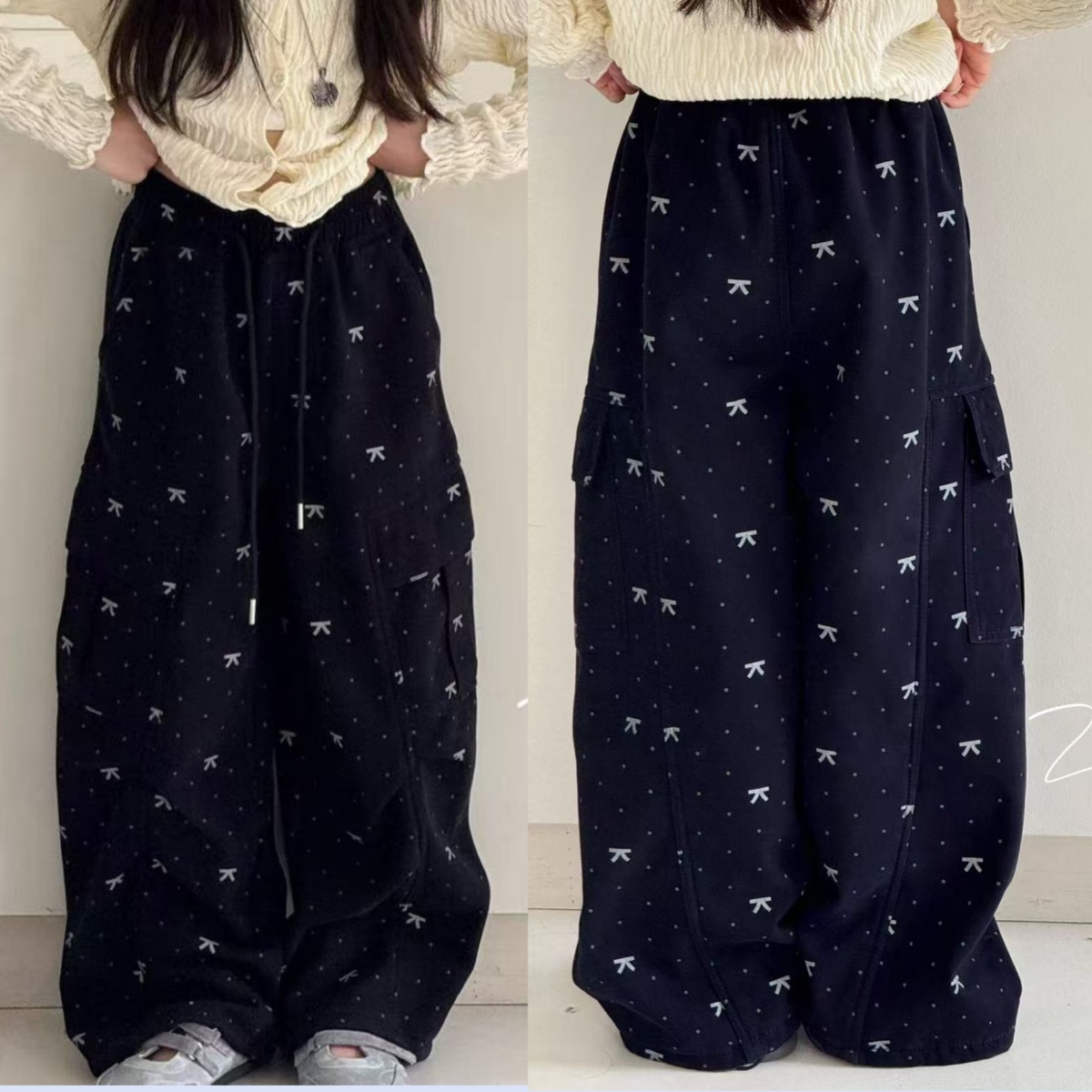 女童蝴蝶结波点休闲工装裤