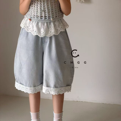 女童夏季牛仔五分阔腿裤带屁帘