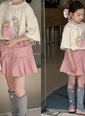 牛哆哆童装2025夏款女童韩版甜美百搭粉色刺绣百褶裙91360