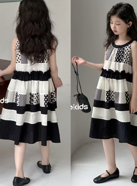 wooso吾束2025夏新款女童三色拼接连衣裙儿童洋气时尚吊带裙99289