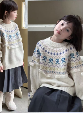 牛哆哆童装2025冬新款『费尔岛』女童蝴蝶结圆领针织衫毛衣15299