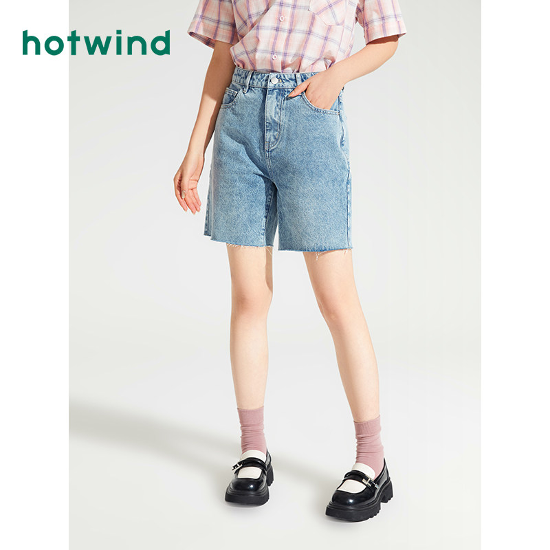 热风2024年夏季新款女士时尚牛仔中裤百搭浅色裤子中腰直筒裤短裤