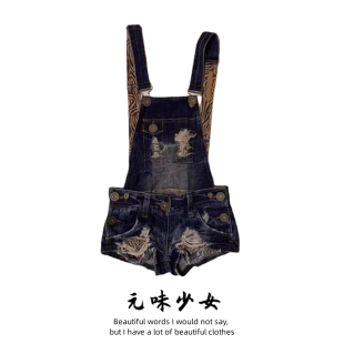美式复古Y2k亚比辣妹破洞牛仔背带短裤女夏季新款宽松显瘦连体裤