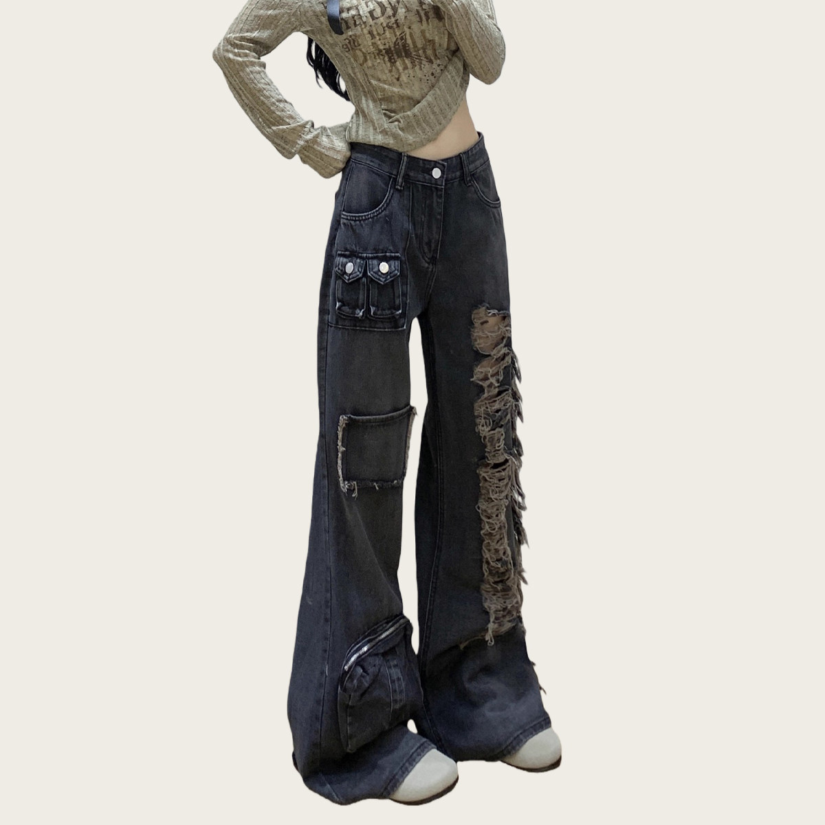 美式vibe复古重工磨破洞牛仔裤女春季新款直筒宽松显瘦阔腿拖地裤