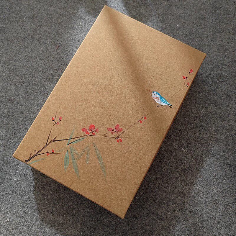 中国风包装盒手绘礼品盒上下盖牛皮纸长方形23*14书本丝巾礼物盒