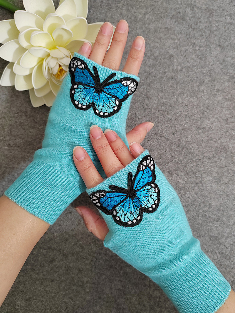 倾城原创秋冬羊毛羊绒半指刺绣蝴蝶手套中国风复古风保暖个性女式