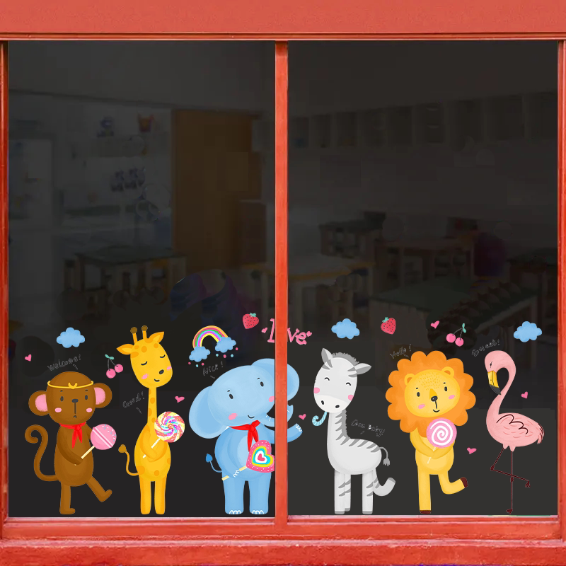 可爱动物幼儿园学校游乐场兴趣班阳台玻璃门装饰贴纸自粘贴画墙贴