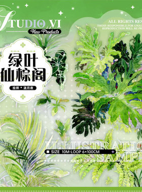 满18包邮studioVI绿叶仙棕阁贝壳光分装特材拼贴流麻手帐胶带