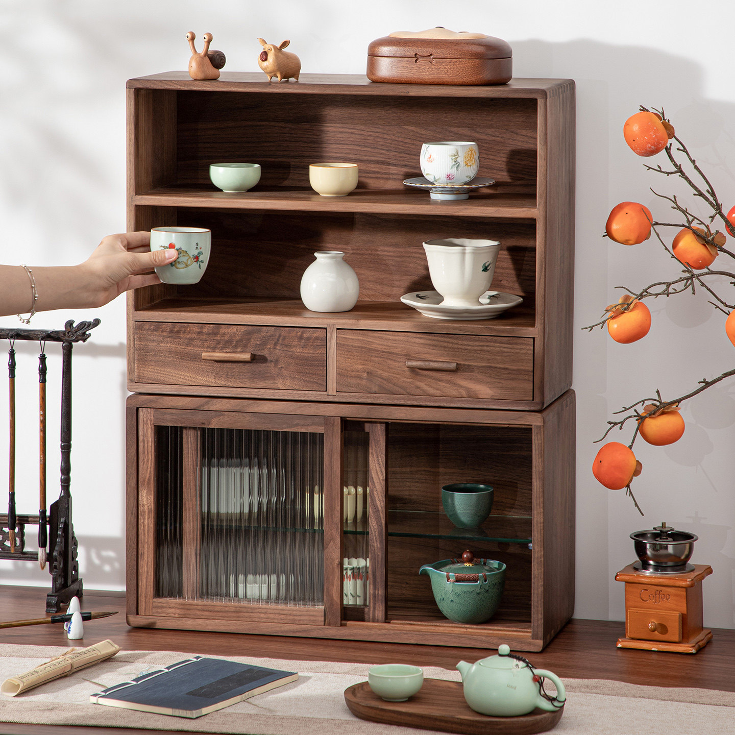 黑胡桃木桌面收纳柜餐边柜多层茶具杯子中式实木收纳架台面置物架,收纳整理,桌面收纳盒,淘宝优惠券,粉丝福利购,淘宝优惠卷