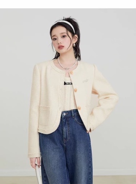 网红同款甜美小香风外套2023春季新款女简约千金短款法式白色名媛