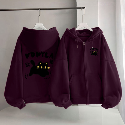 原宿风小黑猫印花冬季新款银狐绒通勤显瘦葡萄紫拉链外套卫衣ins