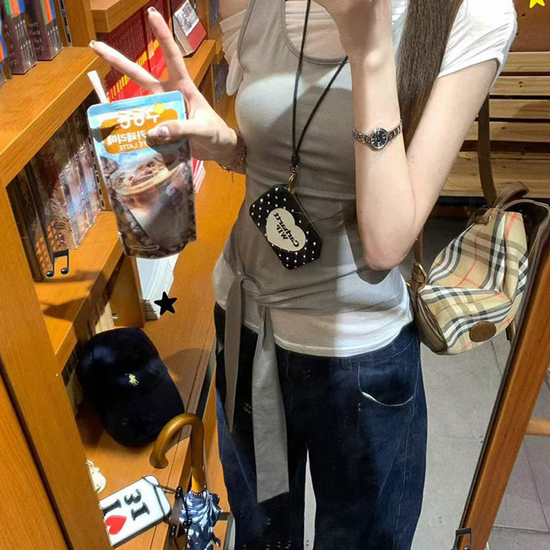 通勤风假两件短袖T恤女绑带收腰修身显瘦韩式高级设计感百搭上衣