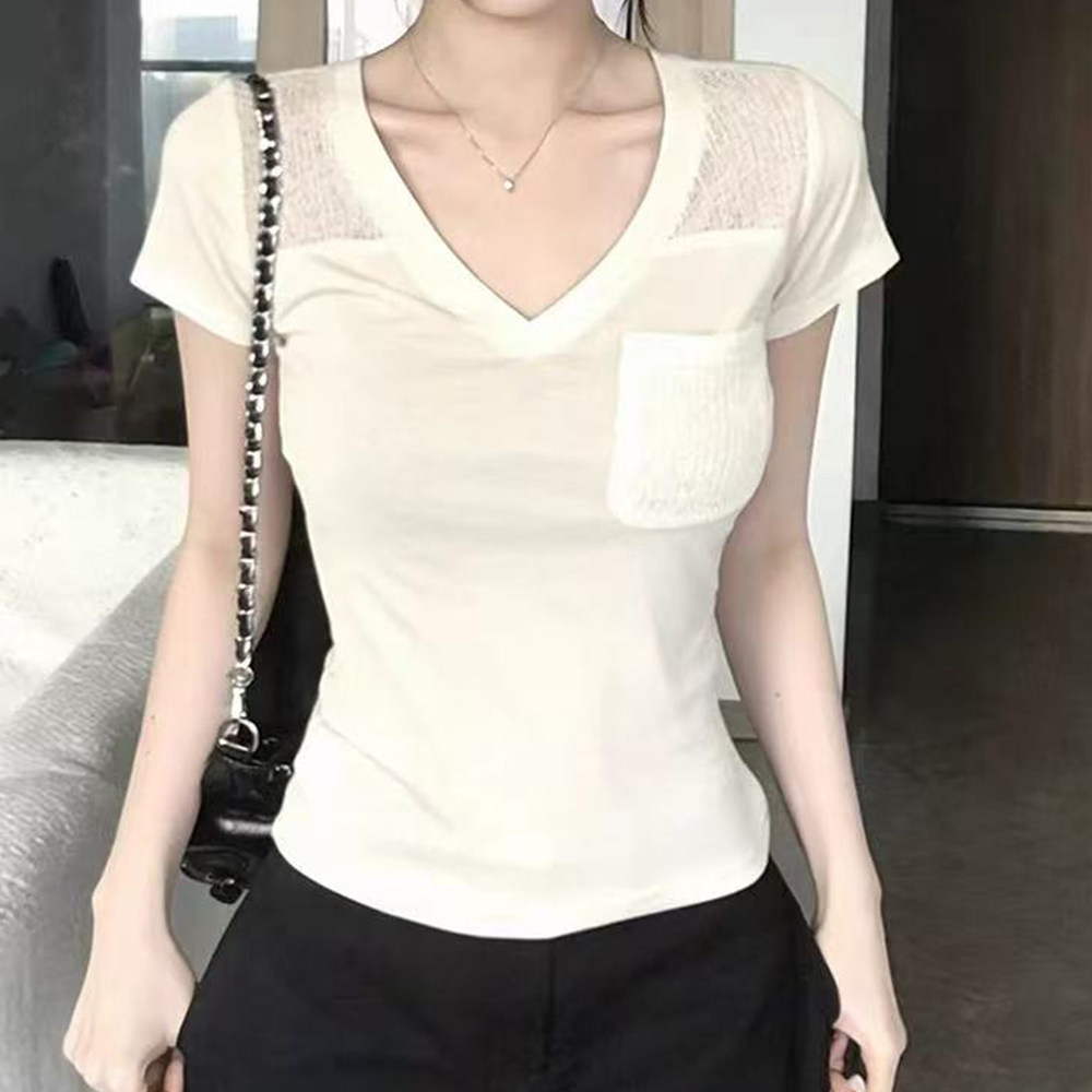 休闲风韩系白色V领短袖T恤女夏口袋设计修身显瘦减龄小众百搭上衣