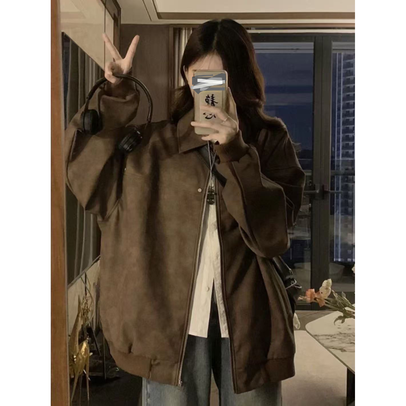 美式创意设计感潮酷风百搭冬季棕色休闲高质量翻领夹克外套上衣女