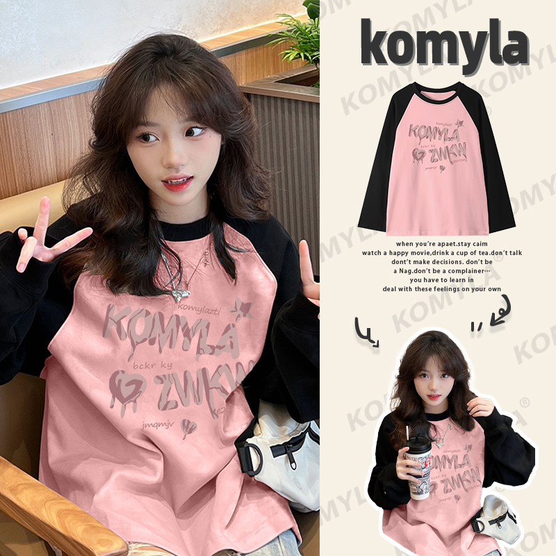 纯棉长袖t恤韩系长袖拼接印花