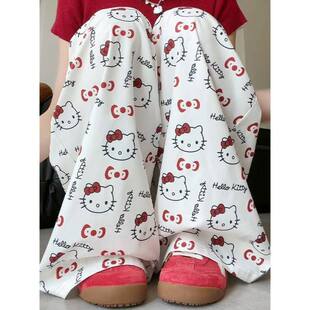 可爱KT猫印花阔腿裤高腰宽松显瘦新款休闲小个子减龄百搭白色裤子