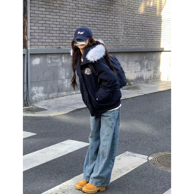 反季美式毛领派克服冬季加绒加厚保暖宽松通勤工装个性外套上衣女